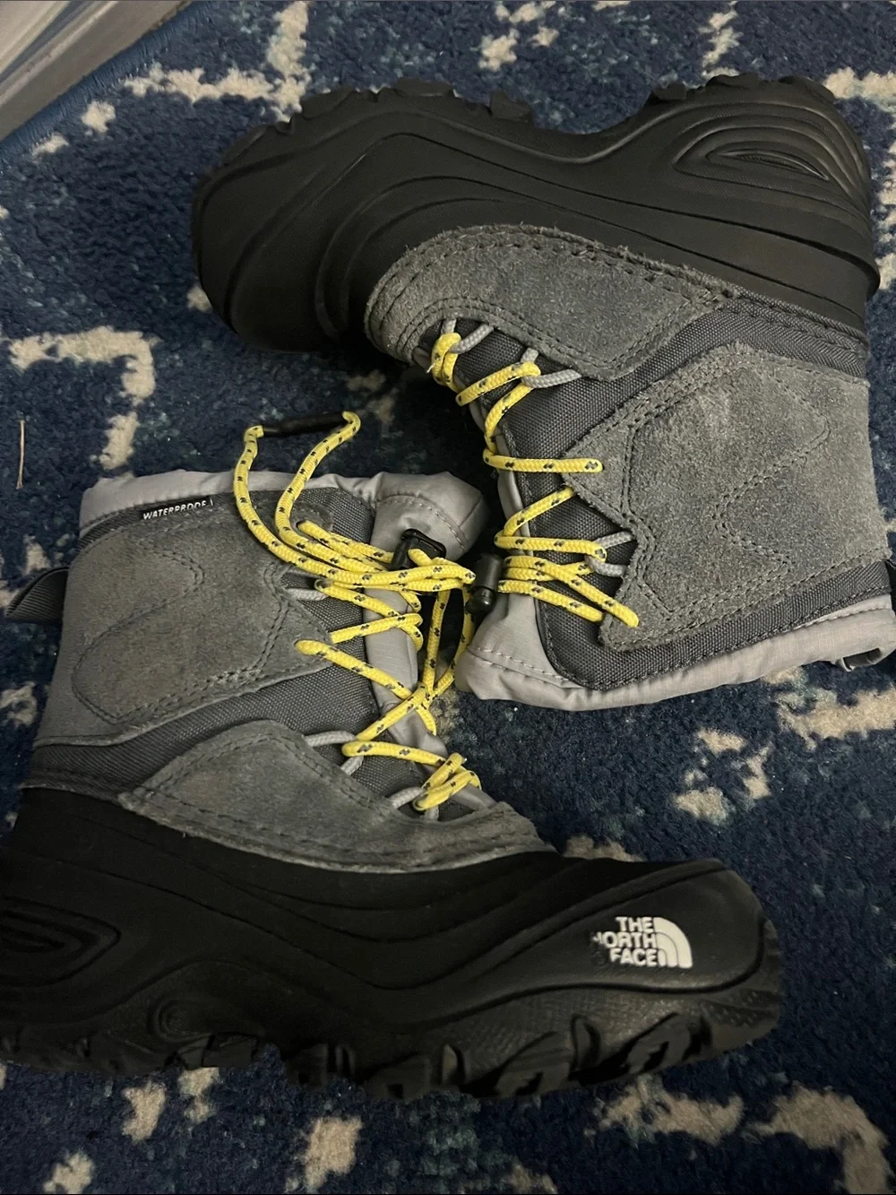 The North Face Kids Gray Suede Winter Boots with Yellow Laces